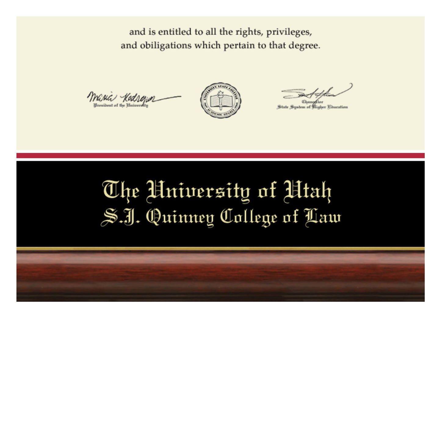 The University of Utah S.J. Quinney College of Law - Officially Licensed - Gold Medallion Diploma Frame - Document Size 17" x 12"