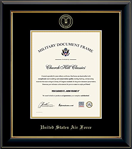 Church Hill Classics United States Air Force Certificate Frame - Featuring Onyx Gold Moulding - Vertical Orientation - Officially Licensed - Document Size 8" x 10"