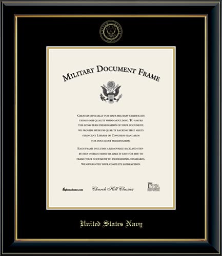 Church Hill Classics United States Navy Certificate Frame - Featuring Onyx Gold Moulding - Vertical Orientation - Officially Licensed - Document Size 11" x 14"