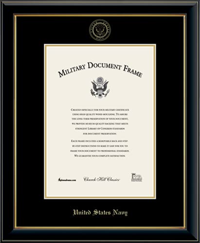 Church Hill Classics United States Navy Certificate Frame - Featuring Onyx Gold Moulding - Vertical Orientation - Officially Licensed - Document Size 10" x 14"