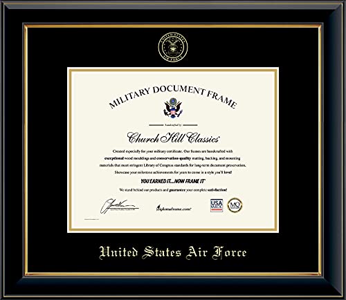 Church Hill Classics United States Air Force Certificate Frame - Featuring Onyx Gold Moulding - Horizontal Orientation - Officially Licensed - Document Size 11" x 8.5"