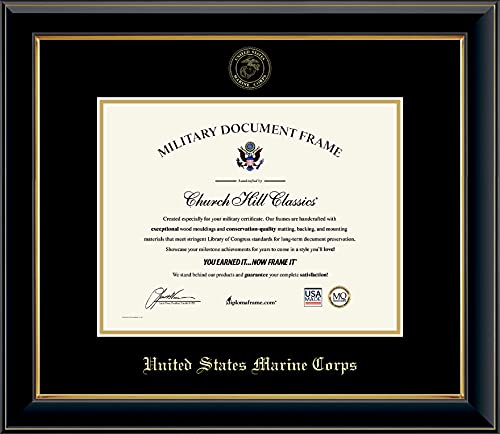 Church Hill Classics United States Marine Corps Certificate Frame - Featuring Onyx Gold Moulding - Horizontal Orientation - Officially Licensed - Document Size 11" x 8.5"