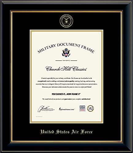 Church Hill Classics United States Air Force Certificate Frame - Featuring Onyx Gold Moulding - Vertical Orientation - Officially Licensed - Document Size 8.5" x 11"