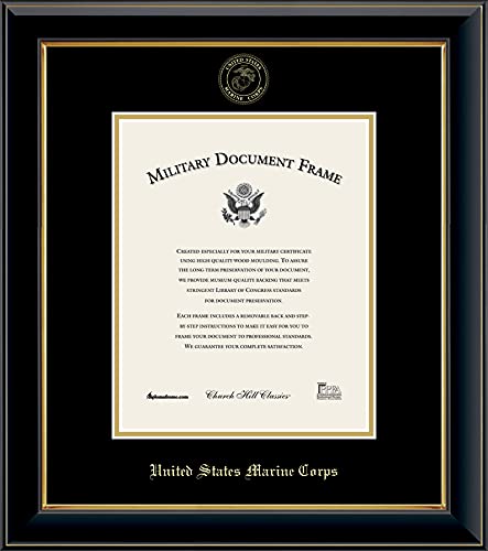 Church Hill Classics United States Marine Corps Certificate Frame - Featuring Onyx Gold Moulding - Vertical Orientation - Officially Licensed - Document Size 8" x 10"