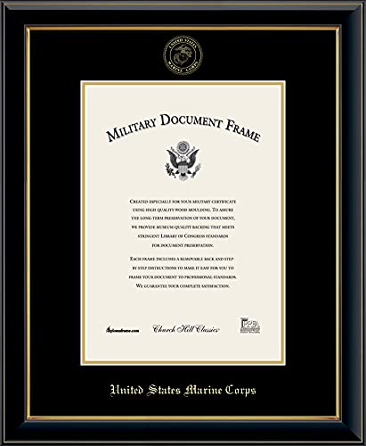 Church Hill Classics United States Marine Corps Certificate Frame - Featuring Onyx Gold Moulding - Vertical Orientation - Officially Licensed - Document Size 10" x 14"