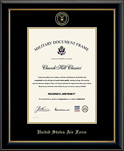 Church Hill Classics United States Air Force Certificate Frame - Featuring Onyx Gold Moulding - Vertical Orientation - Officially Licensed - Document Size 10" x 14"