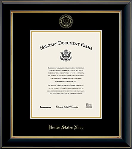 Church Hill Classics United States Navy Certificate Frame - Featuring Onyx Gold Moulding - Vertical Orientation - Officially Licensed - Document Size 8" x 10"