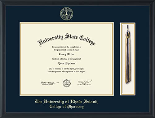 The University of Rhode Island College of Pharmacy - Officially Licensed - Gold Embossed Tassel Diploma Frame - Document Size 14" x 11"